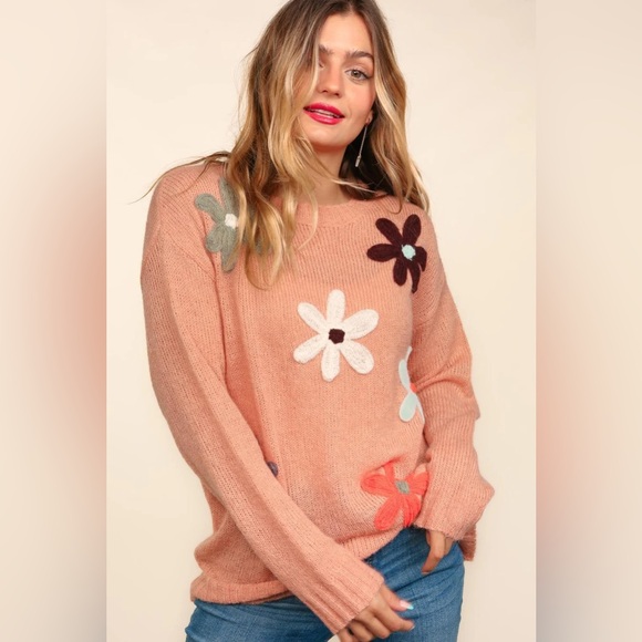 Peach Soft Fuzzy Lightweight Knit Sweater with Floral Knitted Details, Crew Neck - Picture 6 of 13